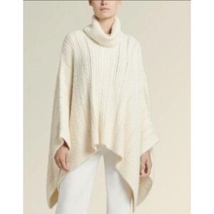 NEW Donna Karan Ivory Cable Knit Cowl Neck Poncho Sweater Cape